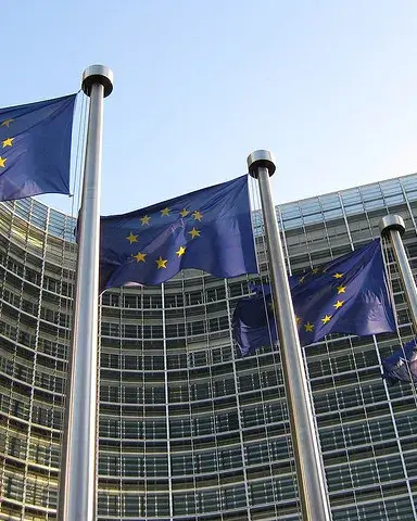 Banderes europees amb un edifici institucional al fons.