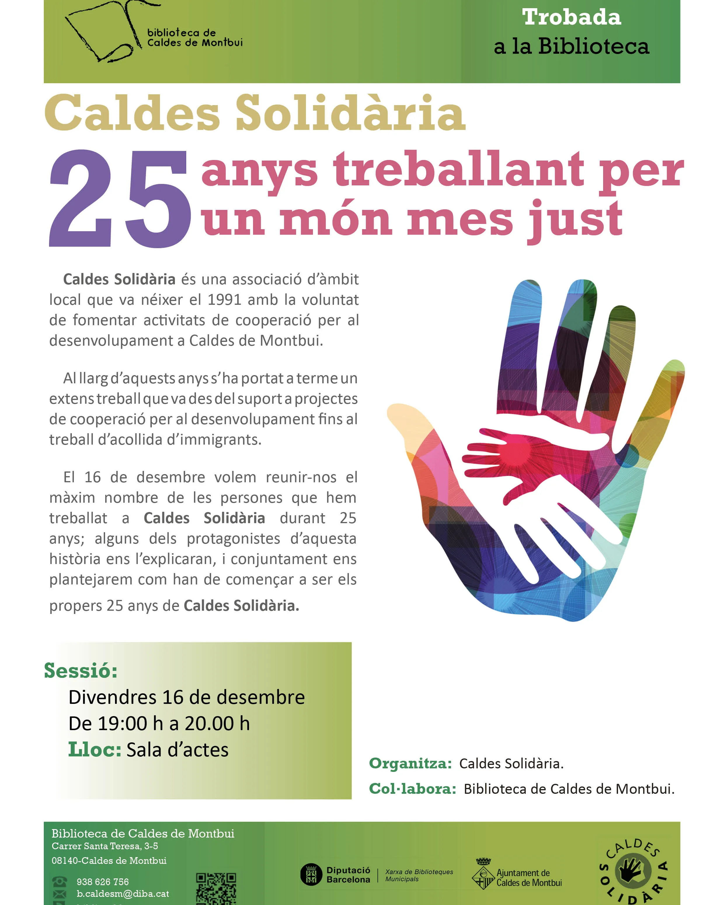 Cartell de la trobada del divendres 16 de desembre. Font: Caldes Solidària