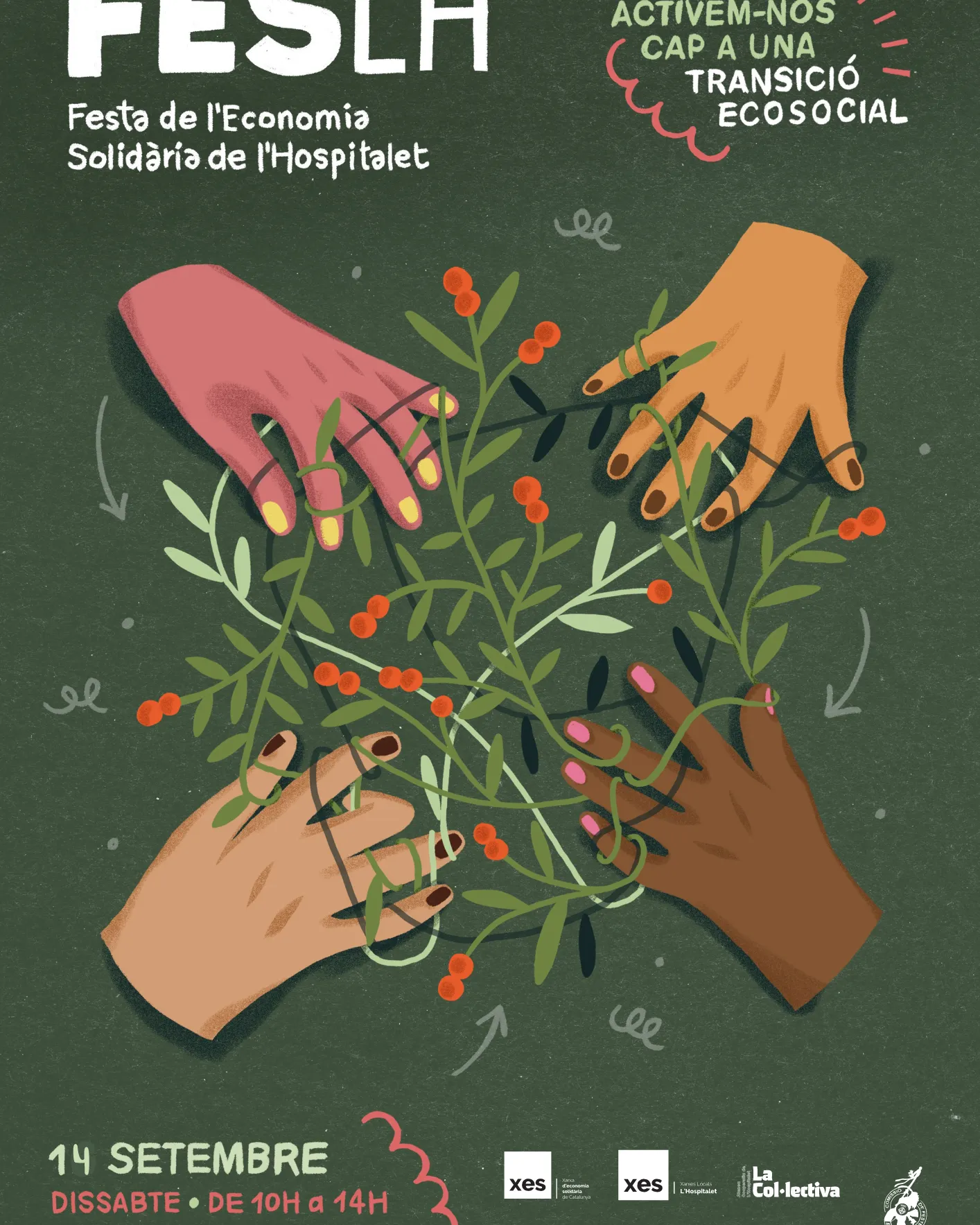 Cartell FESLH, Festa de l'Economia Solidària de l'Hospitalet. 14 de setembre de 10 a 14 h al Parc Nou de Bellvitge