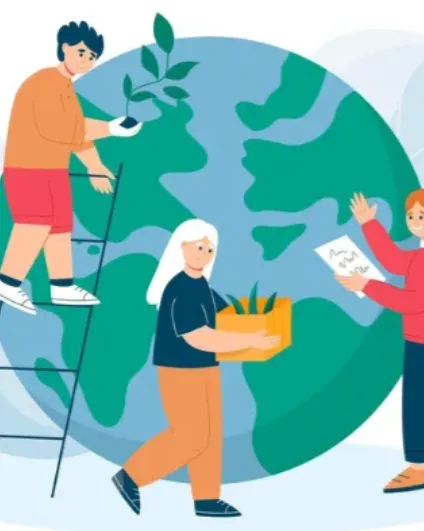 Dibuix de tres persones cuidant del planeta Terra