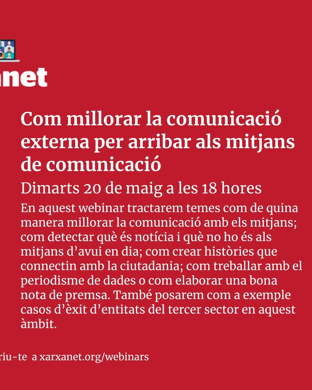 Cartell webinar 'Com millorar la comunicació externa per arribar als mitjans de comunicació'