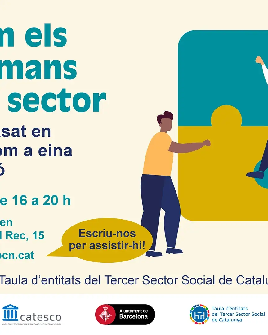 Cartell de l'acte "Impulsem els drets humans al tercer sector". També hi ha el text "L'enfocament basat en drets humans com a eina de transformació", així com la data, l'1 de juliol; i l'horari, de 16 a 20 h. A més, hi apareix l'adreça per inscriure-s'hi: inscripcions.crdh@bcn.cat. Hi ha una il·lustració en què tres persones estan cooperant per unir les quatre peces d'un trencaclosques.