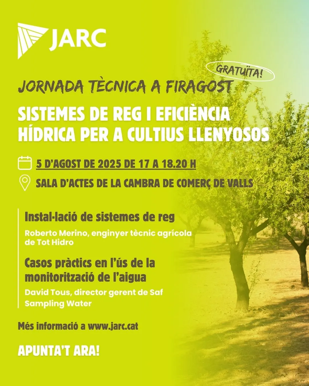 Cartell oficial de la jornada 'Sistemes de reg i eficiència hídrica'.