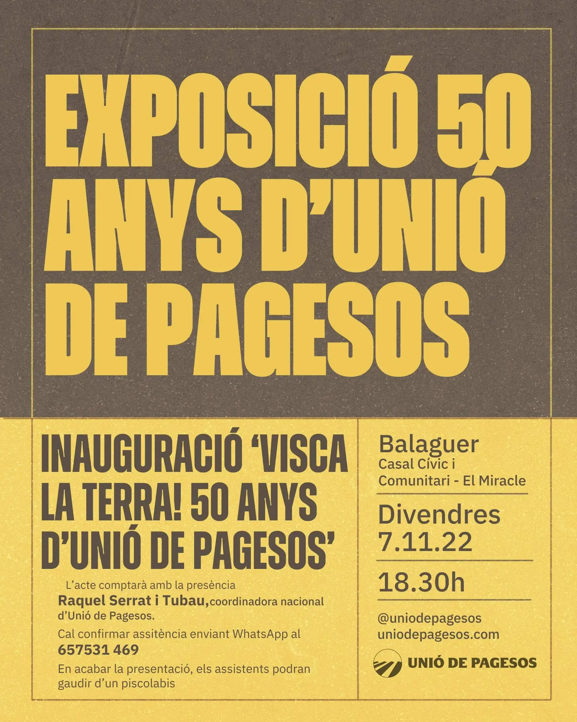 Cartell oficial de l'exposició 'Visca la terra! 50 anys d’Unió de Pagesos'.