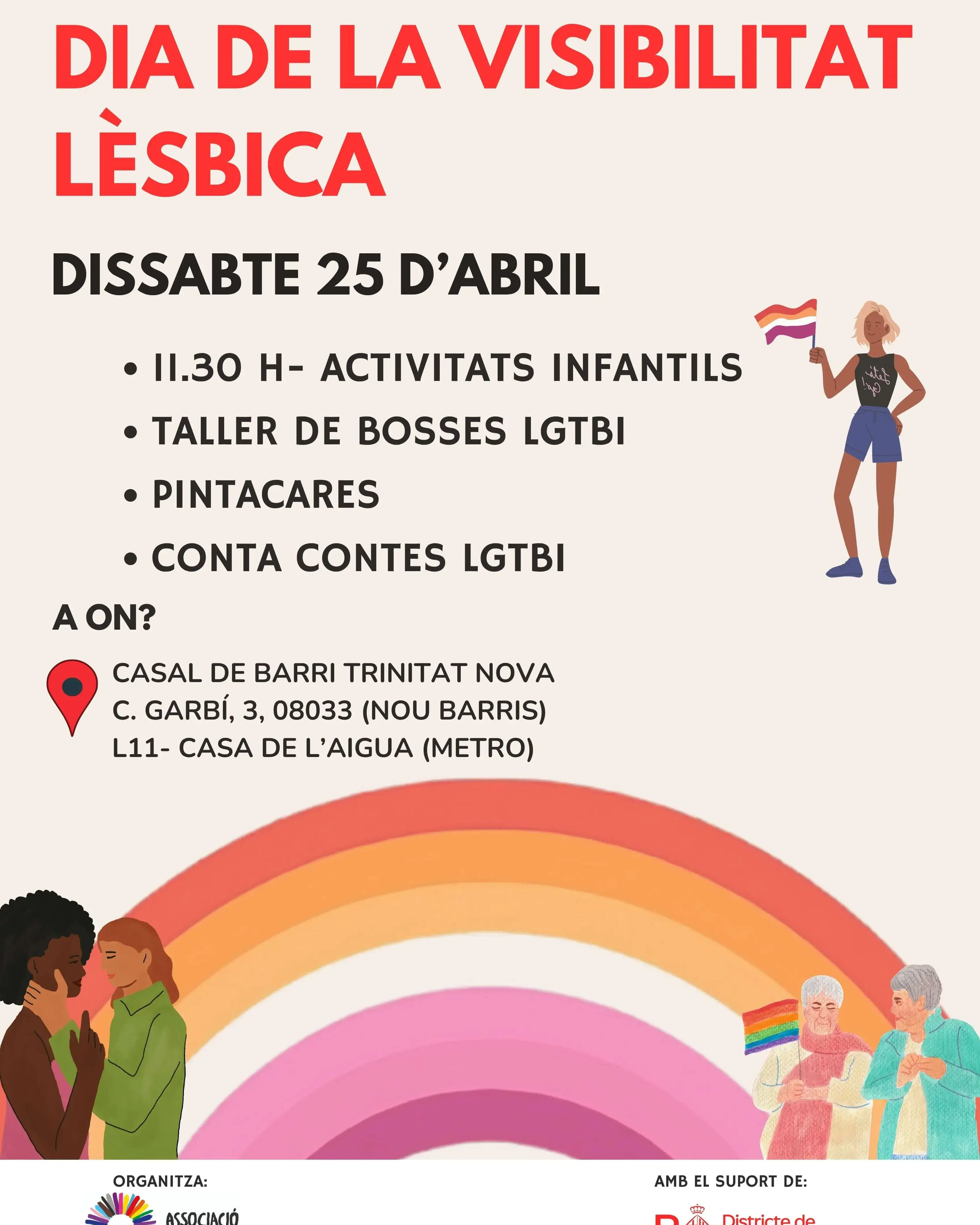 Imatge amb el títol "Dia de la visibilitat lèsbica". Hi ha una noia soltera movent la bandera lèsbica, una parella jove fent-se un petó i una parella gran amb la bandera LGTBI. Al centre hi ha la informació de l'activitat