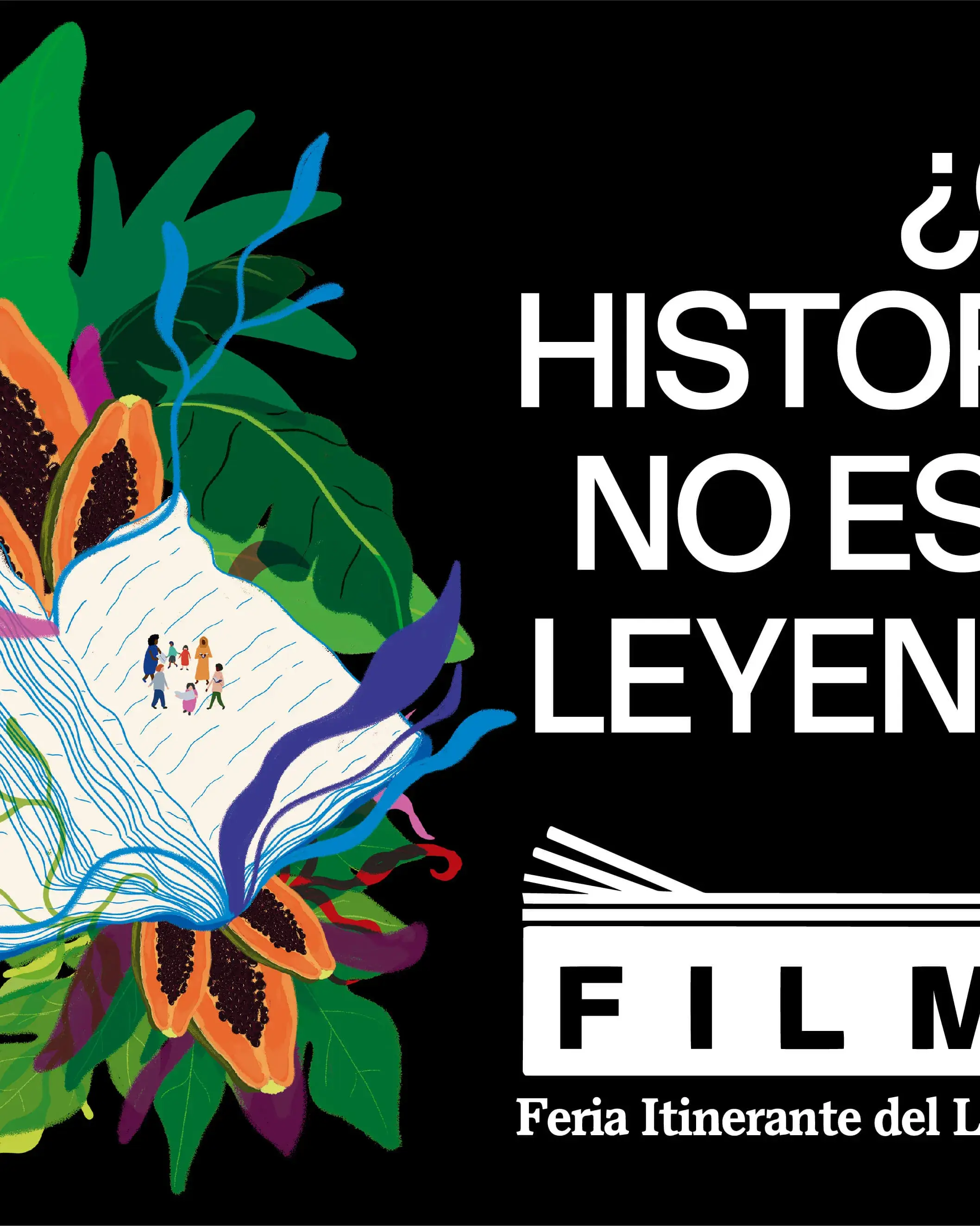 Imatge amb la frase "¿Qué historias no estás leyendo?" i un llibre obert dibuixat sobre plantes amb un grup petit de gent caminant pel llibre.