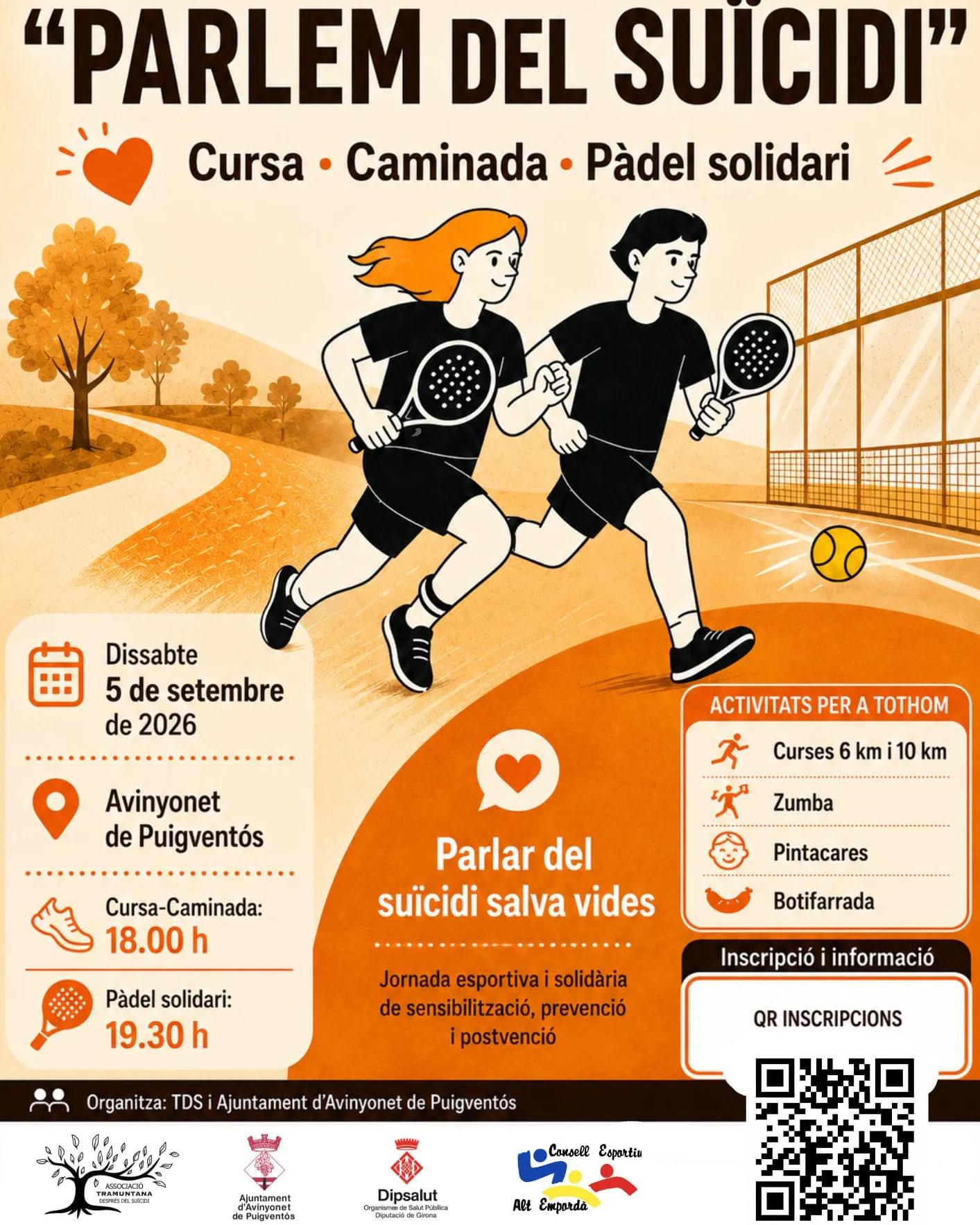Cartell de la cursa, amb informació sobre la data, l'hora, el lloc, el programa d'activitats i el QR per a les inscripcions.