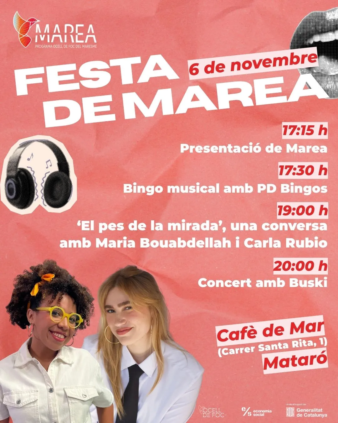 Cartell de la Festa de Marea amb la programació completa. Bingo musical amb PD Bingos. La conversa ‘El pes de la mirada' amb Maria Bouabdellah i Carla Rubio. Concert final amb Buski.