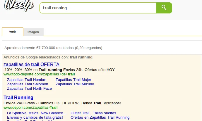 Weelp utilitza el mateix motor de cerca que Google. 