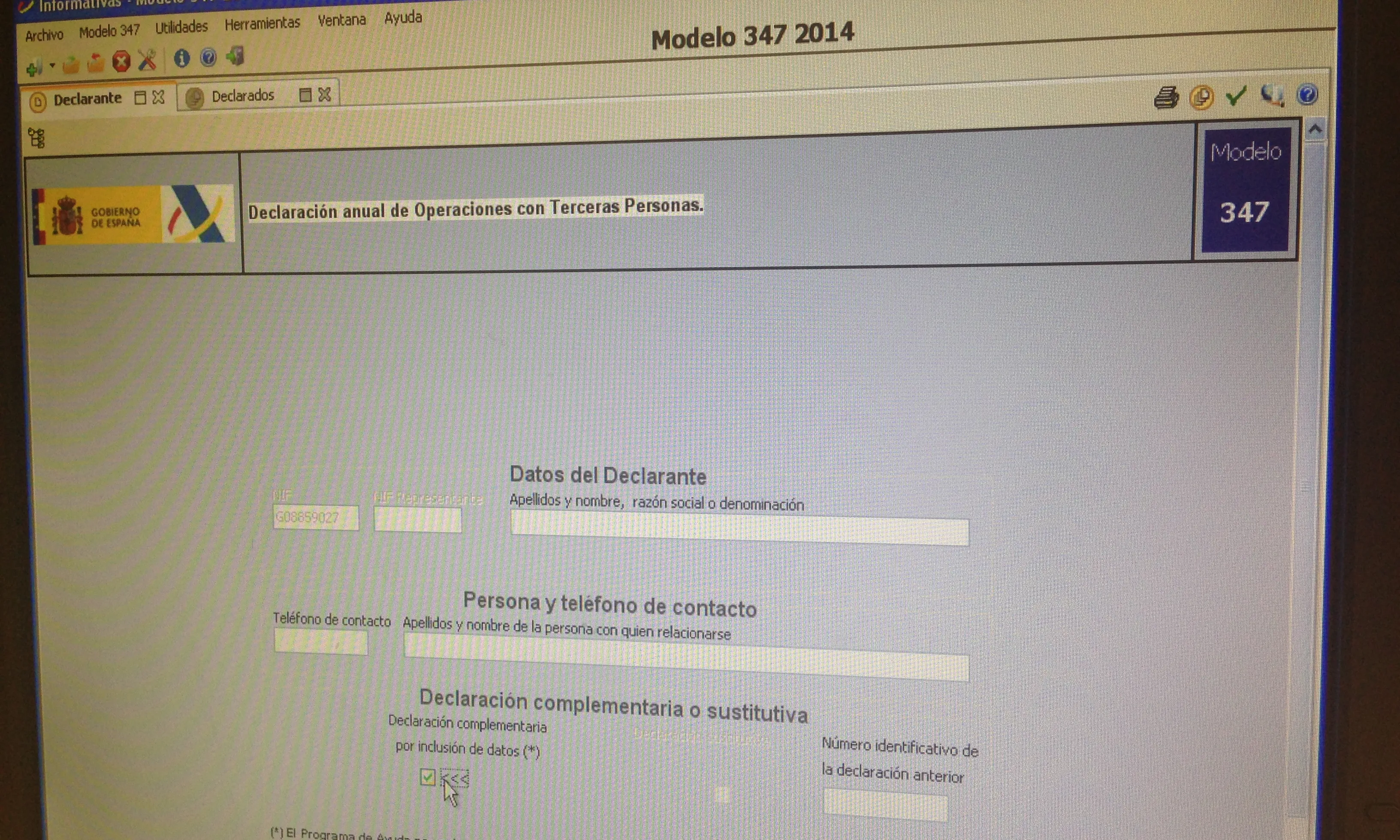 Pantalla inicial programa declaracions informatives