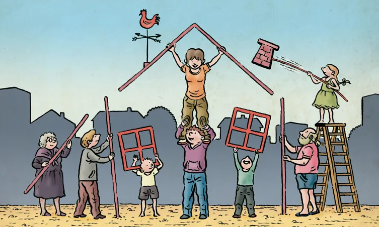 Il·lustració de diverses persones per rehabilitar una casa (Font: celobert)