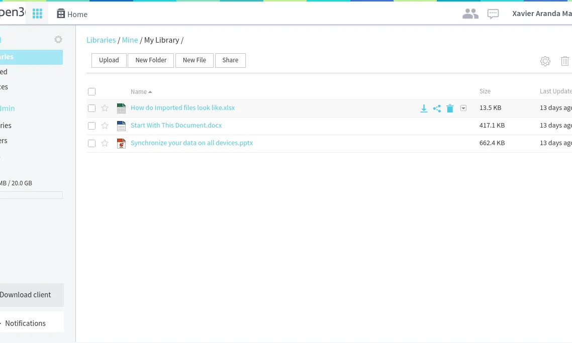 Open 365 està organitzat per carpetes, molt semblant al Dropbox. 