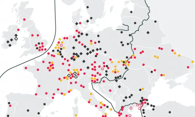 Mapa europeu dels refugiats detinguts. Font Open Migration. 