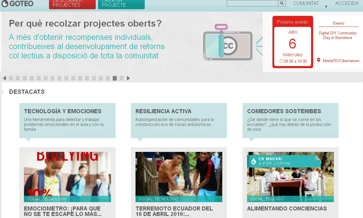 Captura de pantalla de la plataforma Goteo.org. Font: Goteo.org