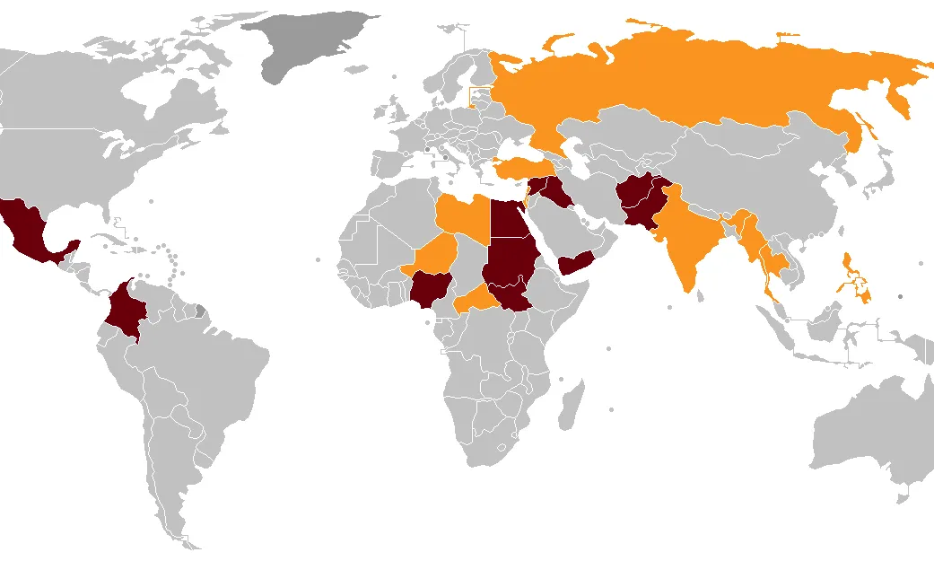 Països del món amb conflictes militars. Font: Wikipedia