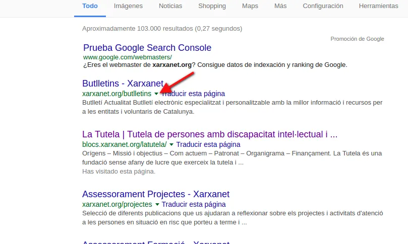 Mitjançant el resultat de la cerca podreu saber quin és l'últim dia que Google va indexar la vostra pàgina
