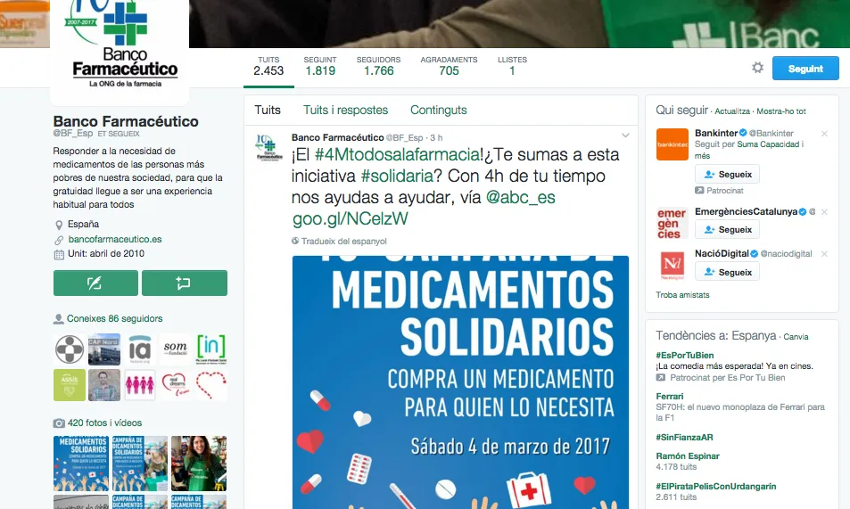 Exemple d'una crida de voluntariat difosa per xarxes socials (Font: @BF_Esp)