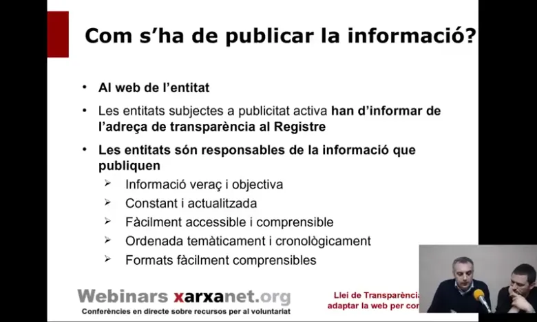 Webinar "Com complir amb la Llei de Transparència?". Font: Captura de pantalla de xarxanet.org/webinars