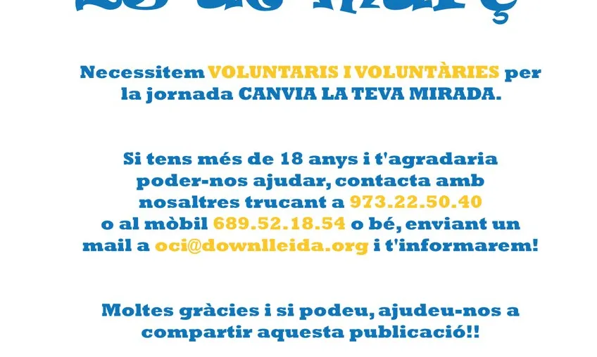 Down Lleida necessita persones voluntàries per realitzar les diferents activitats i acompanyar als joves en la captació de fons. (Font: downlleida.org)