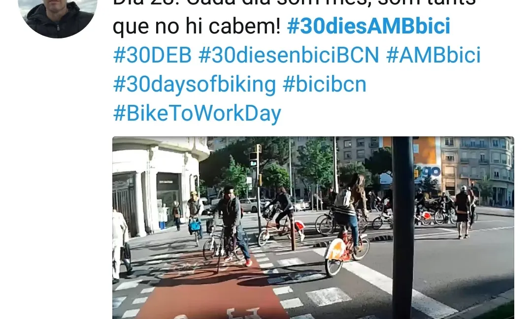 Piulada amb foto a Twitter d'un participant en la campanya #30diesenbici del 2017
