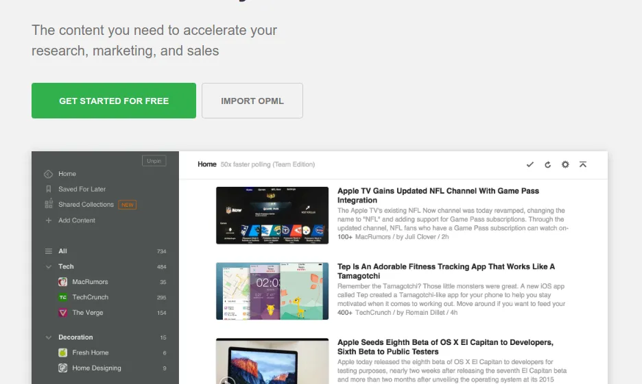 Pàgina principal de Feedly per crear un compte, loguinejar-nos-hi...