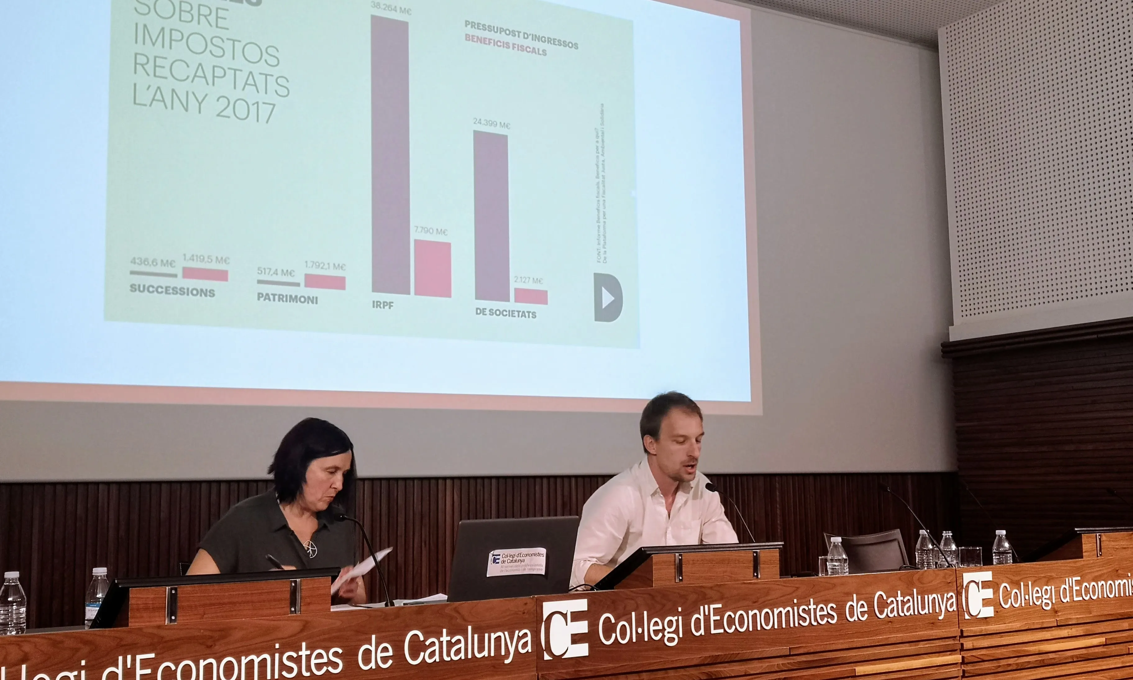 Xavier Casanovas i Sònia Fuertes a la jornada 'Fiscalitat justa'.