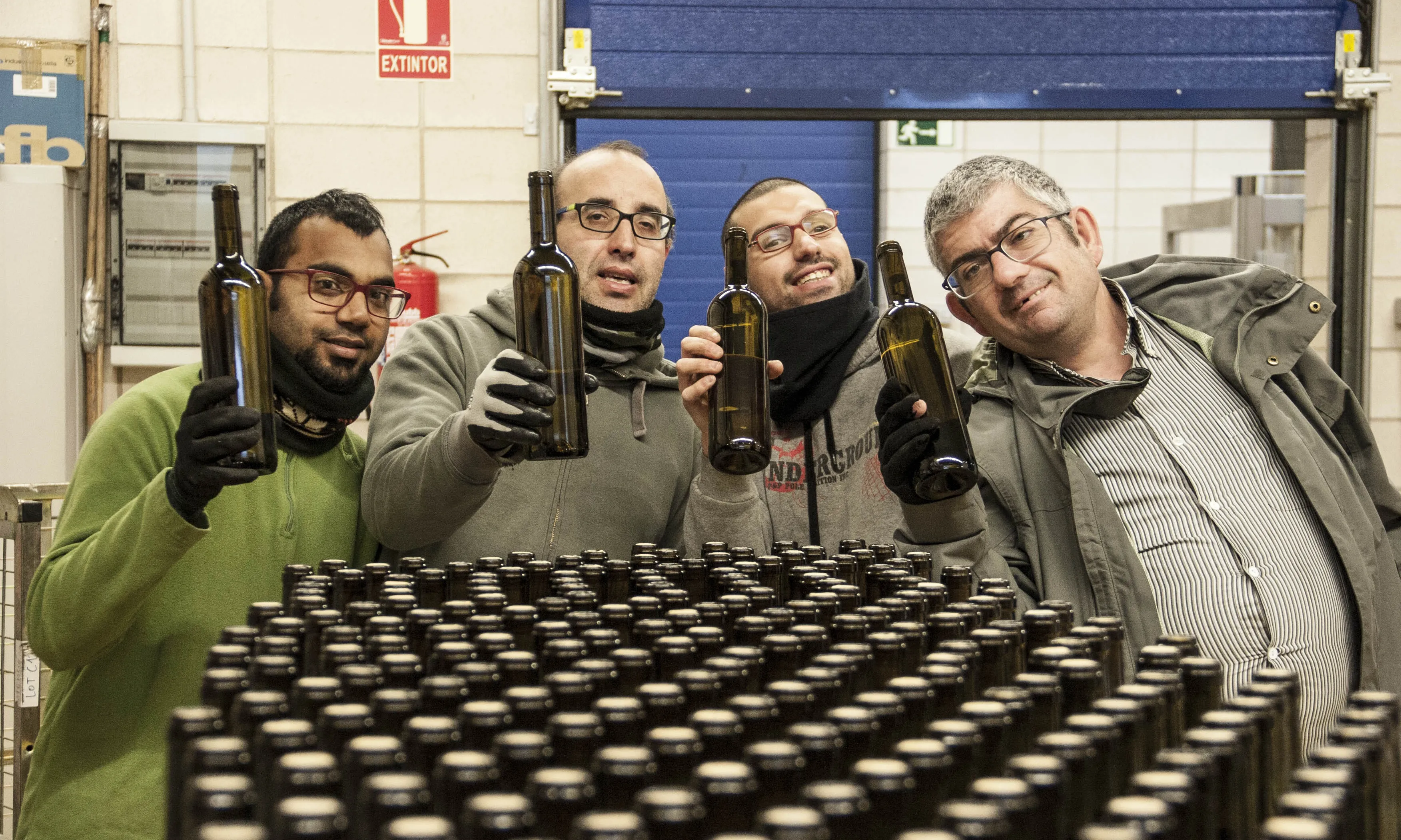 Un equip de l'Olivera fent denteja d'ampolles de vi.