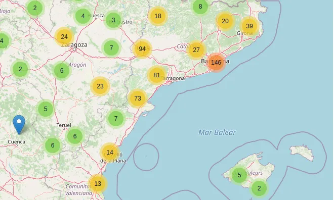 Una part del mapa de les víctimes i represaliades del franquisme per lloc de naixement. Font: IHR