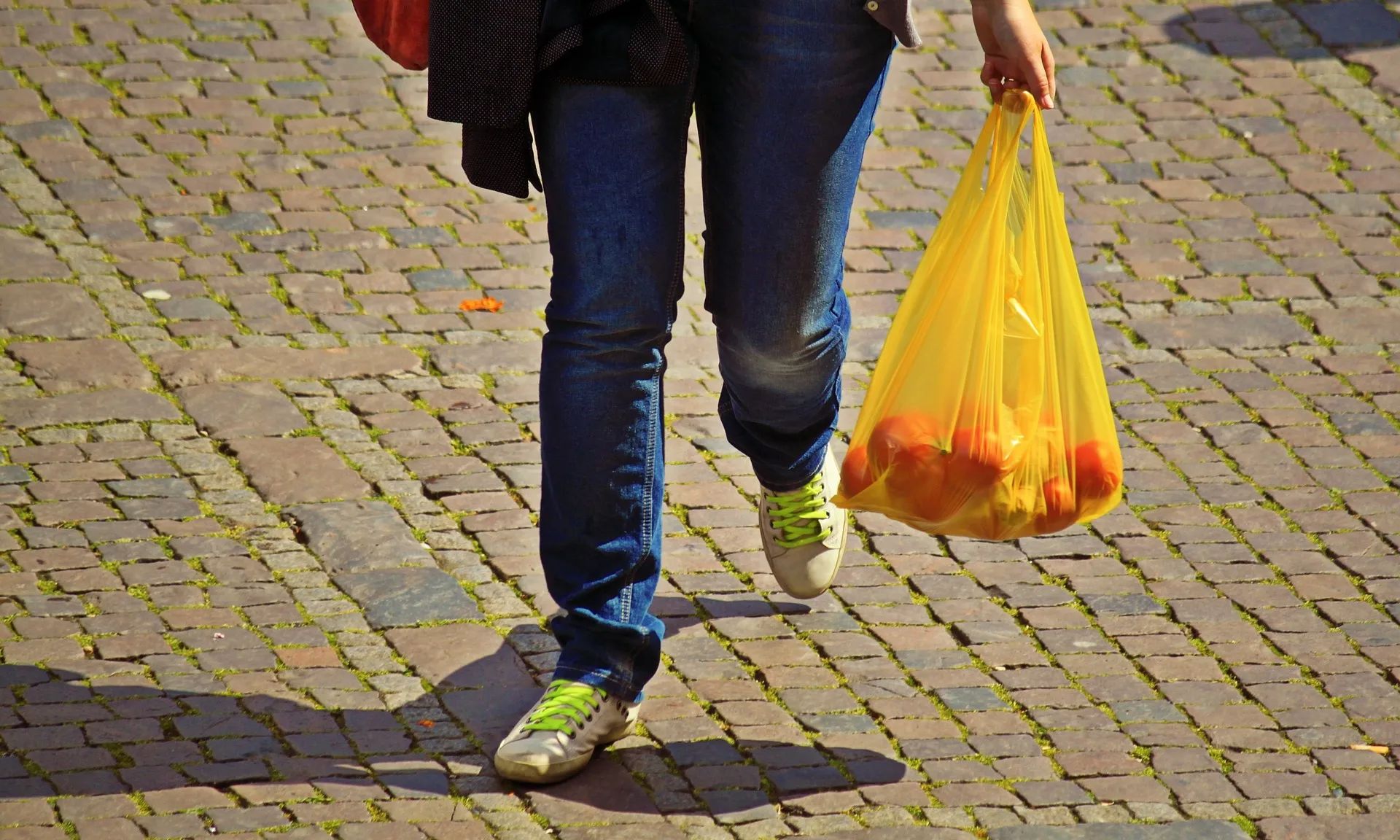 Una persona transporta la compra en una bossa de plàstic.