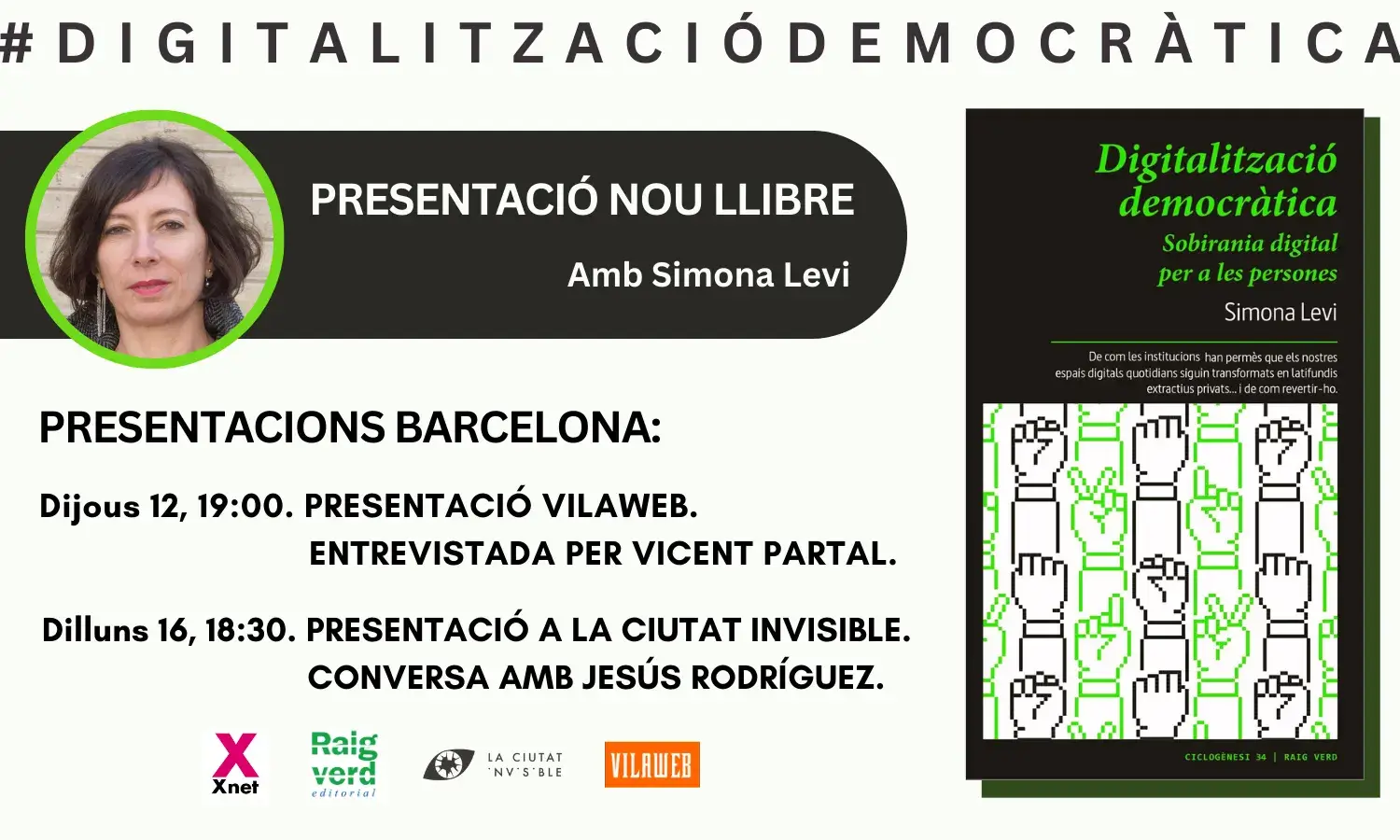 Cartell presentació del llibre 'Digitalització democràtica' de Simona Levi