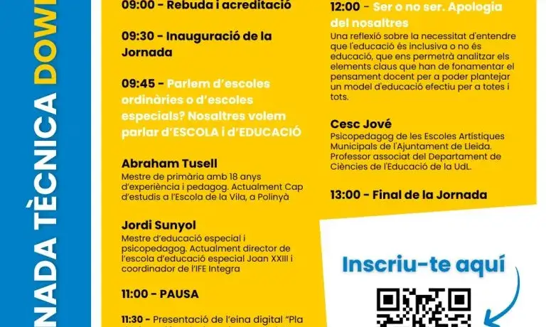 Cartell de la Jornada Tècnica sobre Educació Inclusiva de Down Lleida.