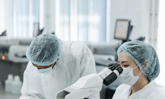 Dues persones treballant en un laboratori amb microscopis