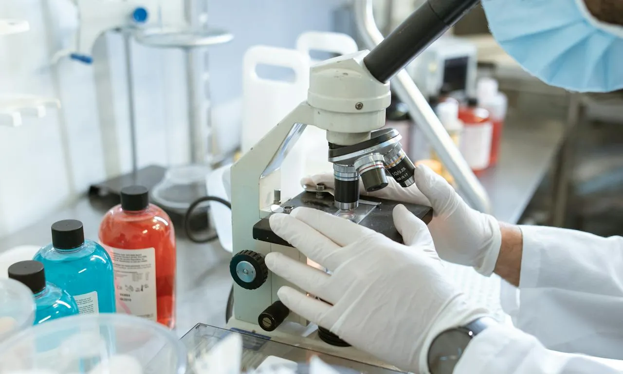 Home en un laboratori mirant per un microscopi 