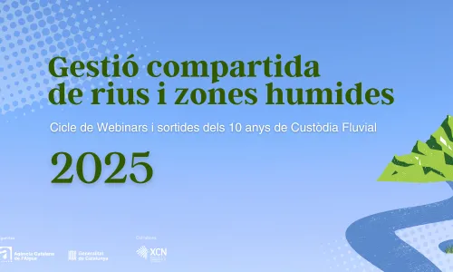 Cartell oficial del cicle de webinars 'Gestió compartida de rius i zones humides'.