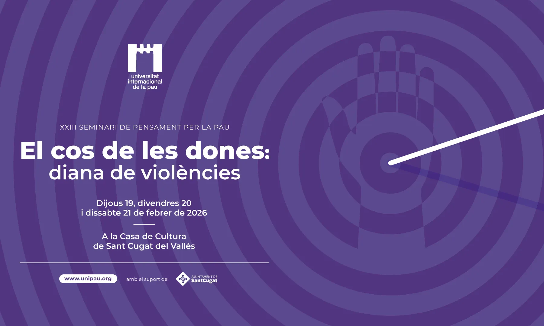 Cartell del Seminari 2026. La imatge és lila amb una mà que té una diana al centre.