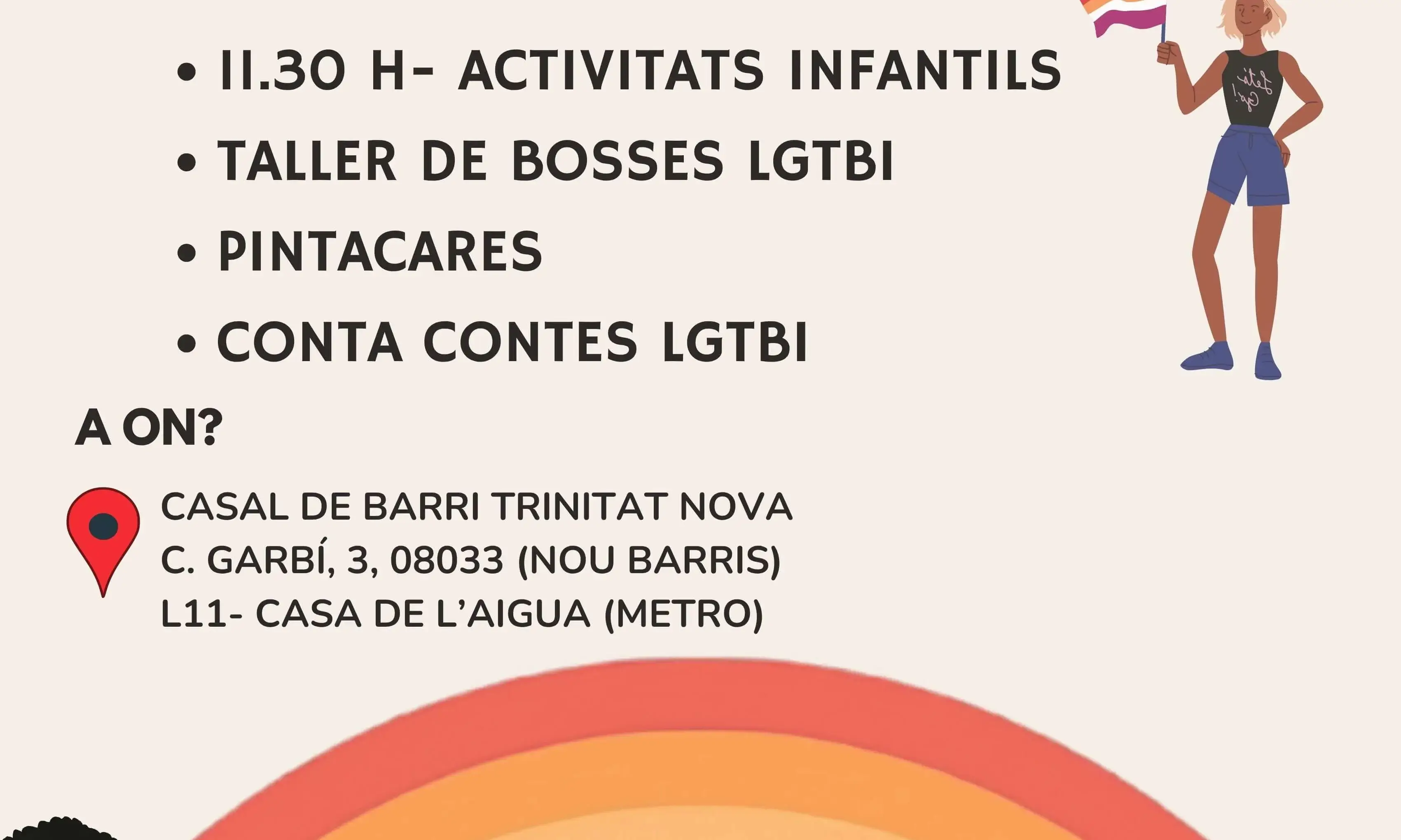 Imatge amb el títol "Dia de la visibilitat lèsbica". Hi ha una noia soltera movent la bandera lèsbica, una parella jove fent-se un petó i una parella gran amb la bandera LGTBI. Al centre hi ha la informació de l'activitat