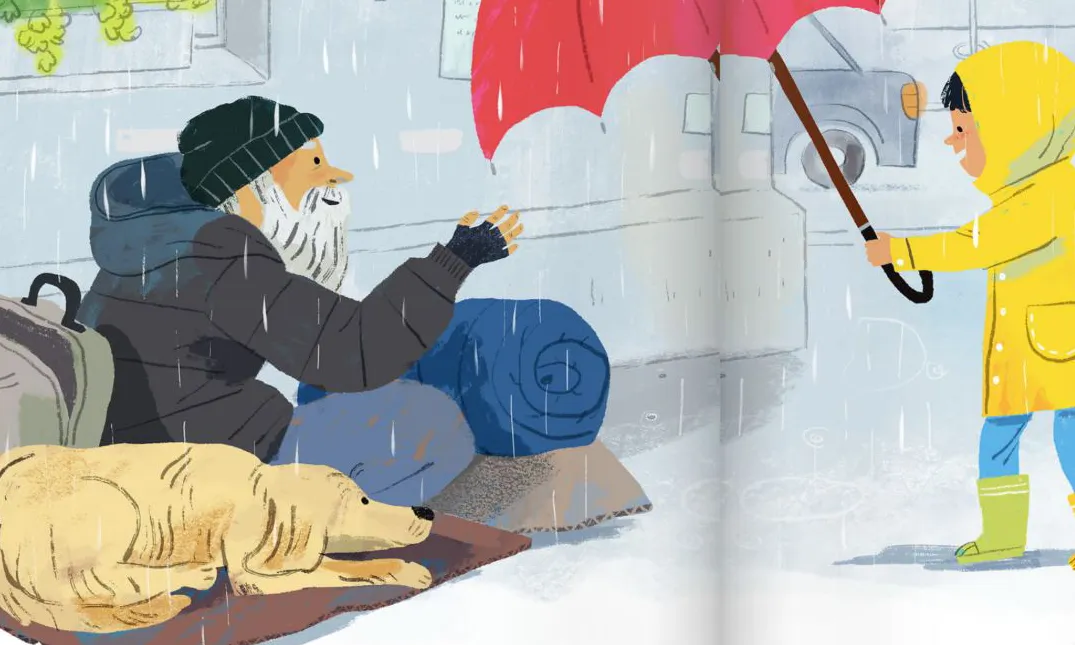 Un fragment del llibre 'Una història diferent', amb una il·lustració d'un home assegut al terre i un nen sostenint-li un paraigua a sobre.