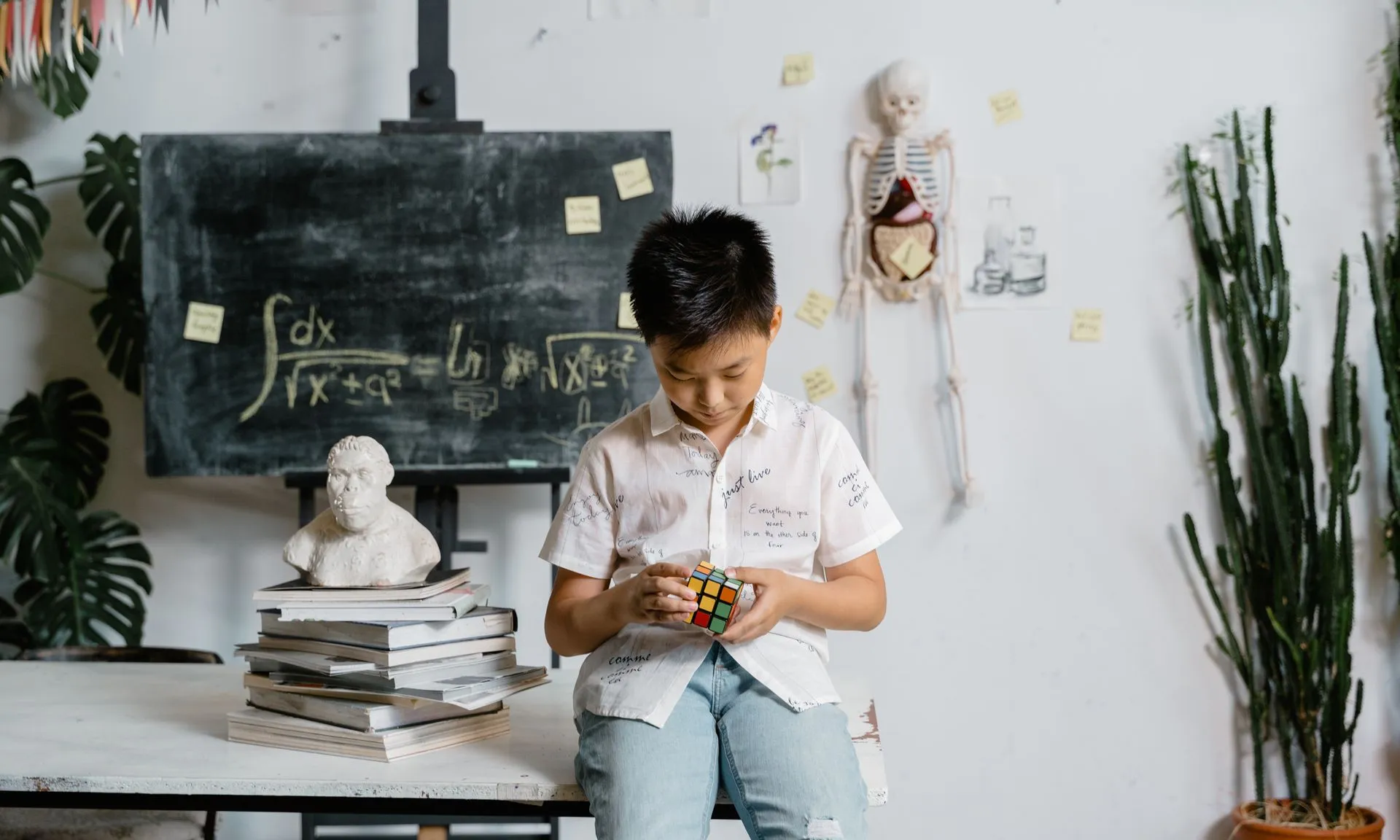 Un nen asiàtic resolent un cub de Rubik en una aula, amb llibres i materials educatius al seu voltant.