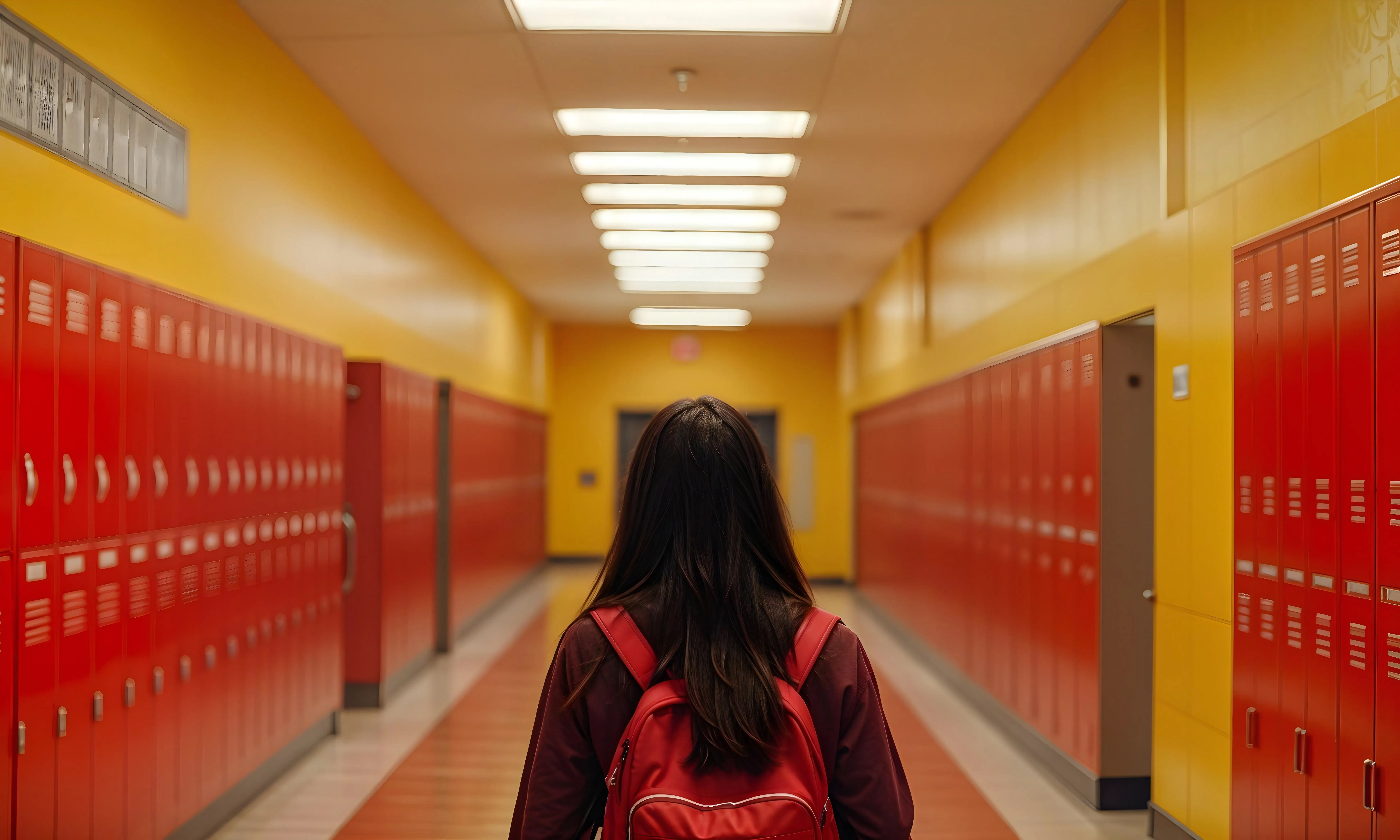 Imatge d'una escola amb una alumna