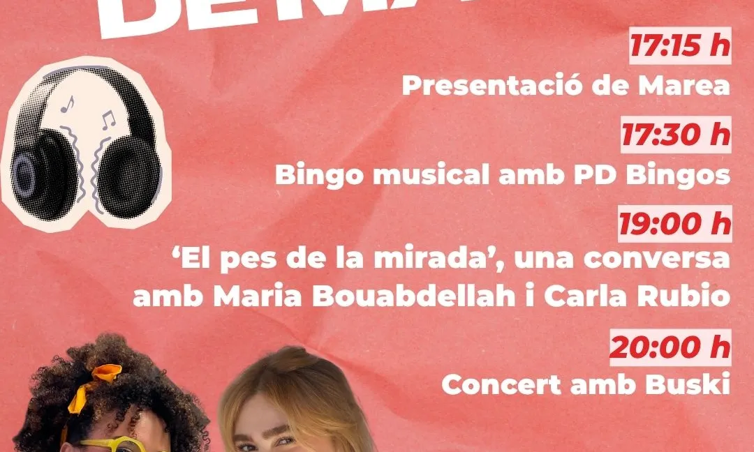 Cartell de la Festa de Marea amb la programació completa. Bingo musical amb PD Bingos. La conversa ‘El pes de la mirada' amb Maria Bouabdellah i Carla Rubio. Concert final amb Buski.