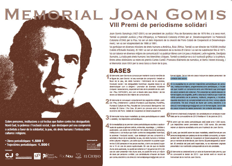 Memorial Joan Gomis: VIII Premi de Periodisme Solidari