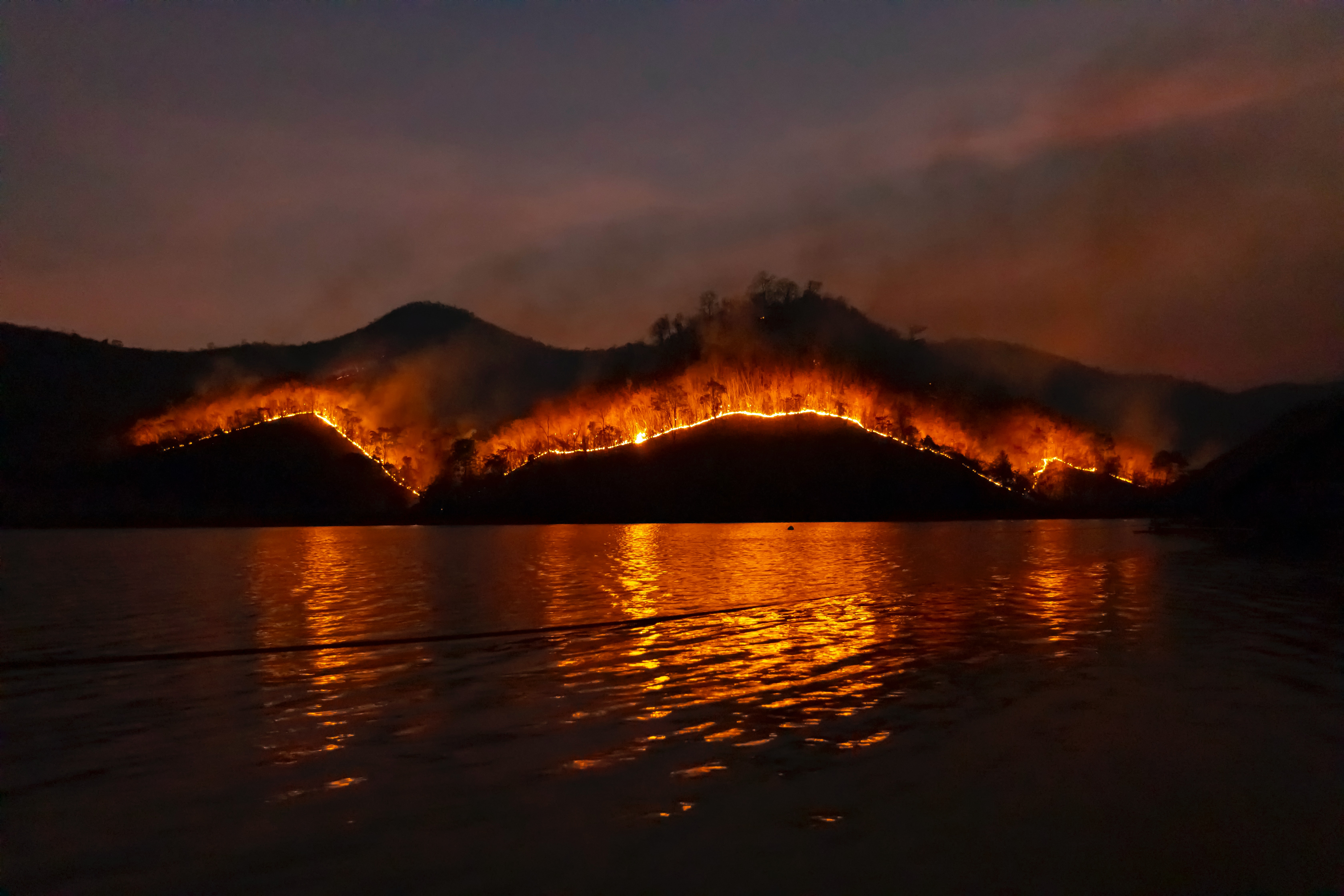 Foc al bosc amb llac a primer pla. Font: Pexels-  Sippakorn Yamkasikorn