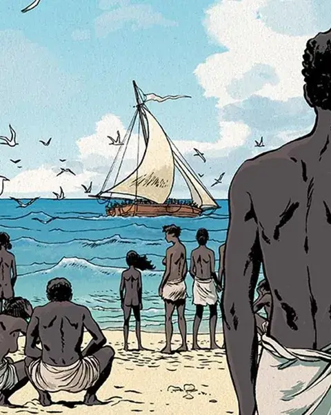 Els esclaus de Tromelin esperant que els rescatin. Els esclaus de Tromelin mirant al mar com un vaixell s'apropa, esperant que els rescatin.