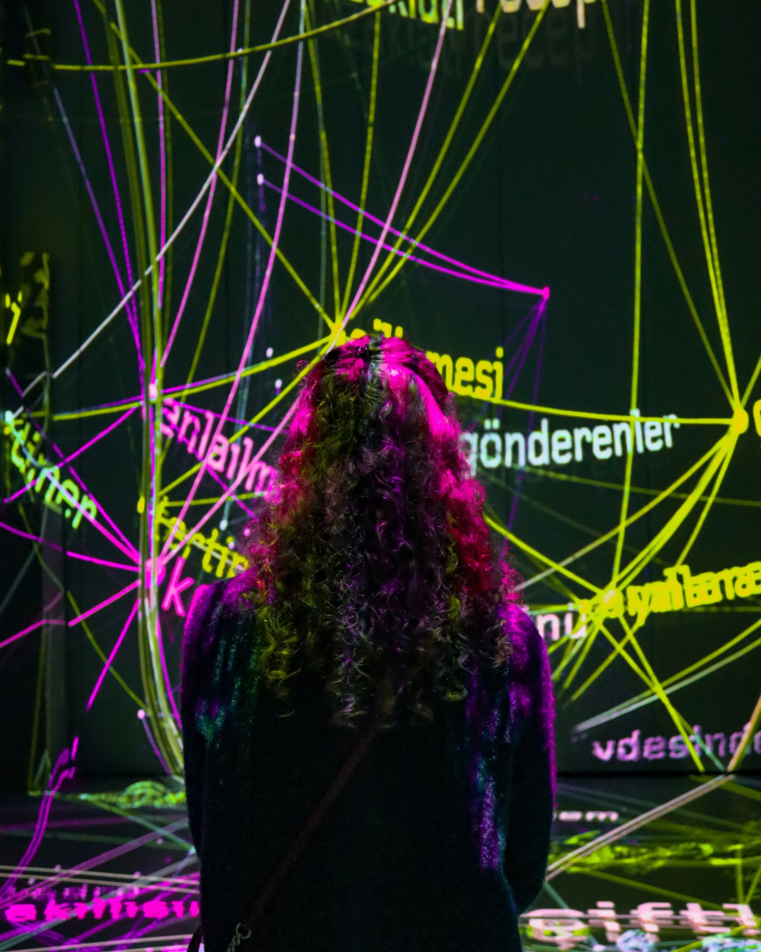 Noia d'eseuqena mirant un exposició sobre temes digitals. Font: Pexels - Ayşenur Sağlam