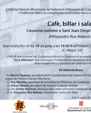 Cartell de la presentació del llibre 'Cafè, billar i sala. L'associacionisme a Sant Joan Despí (1874-1975)'