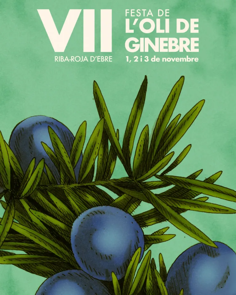 Fragment del cartell de la VII Festa de l'Oli de Ginebre de Riba-roja d'Ebre dissenyat per Ferran Orta Terré. Font: Associació Amics de Riba-roja d'Ebre.