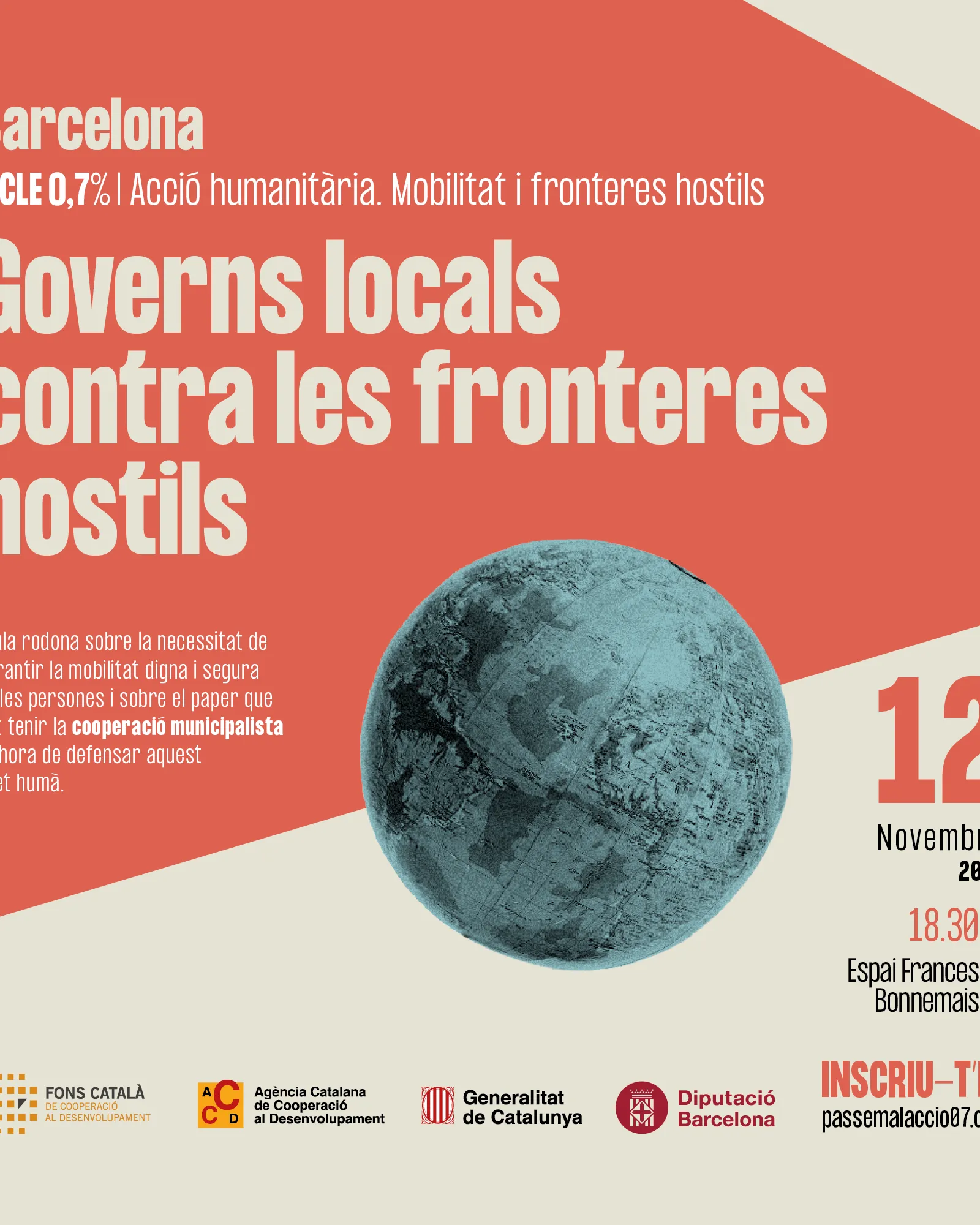 Títol de l'acte amb informació sobre el dia/hora i lloc i la temàtica sobre fronteres hostils amb una bola del món de color blau