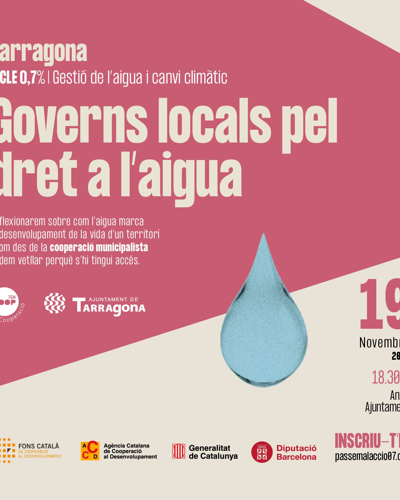 Títol de l'acte amb informació sobre el lloc i l'hora, i qui ho organitza. Hi ha la imatge d'una gota d'aigua