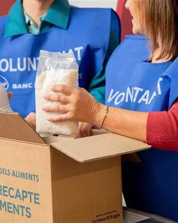 Foto de dues persones voluntàries participant en la recollida d'aliments.