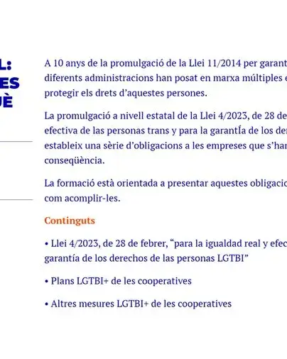 Programa de la formació Plans LGTBI+ de les cooperatives: què diu la llei?